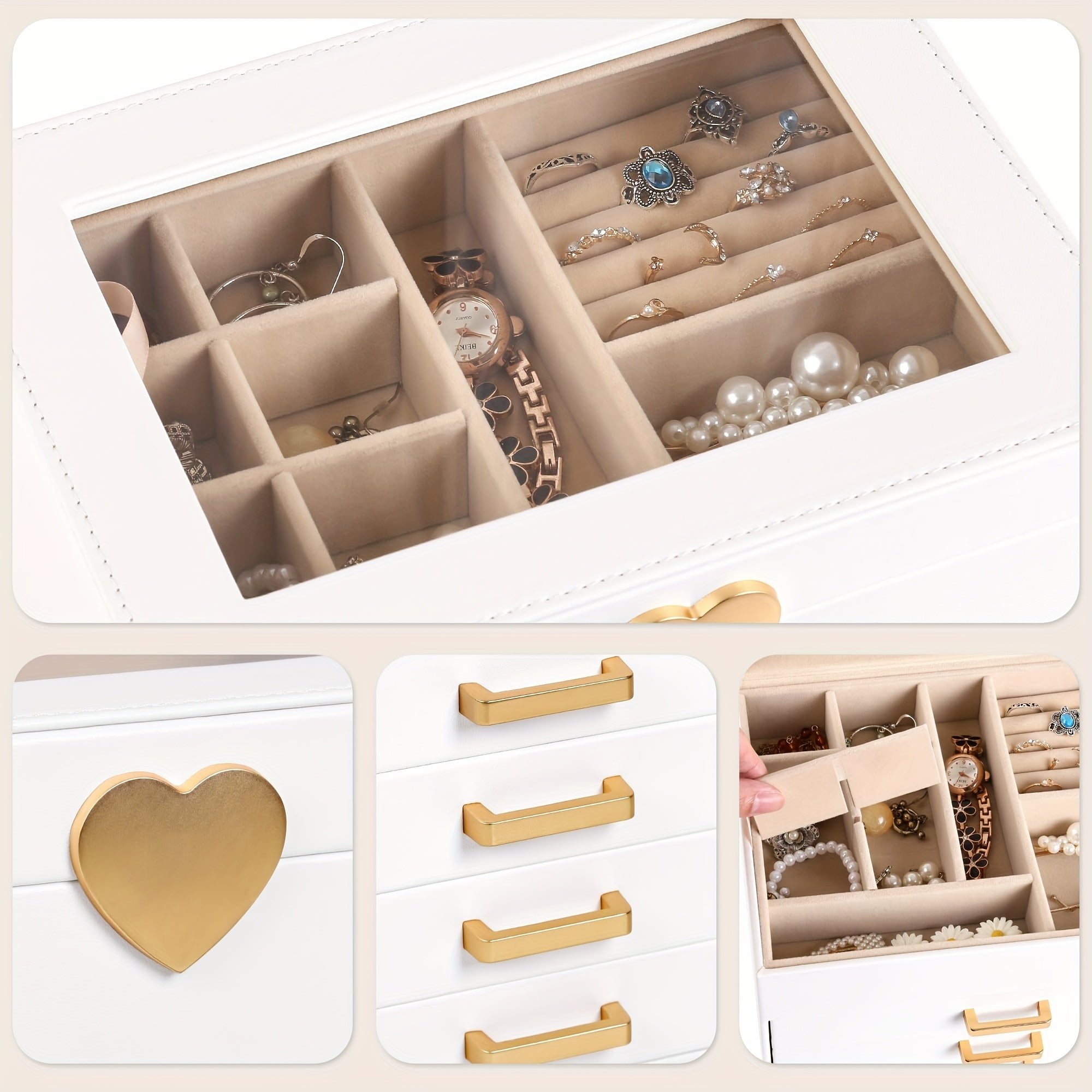 5-Layer Jewelry Organizer Box with Glass Lid & Heart-Shaped PU Leather - White & Golden Contemporary Desktop Storage Case with Soft Lining, Multi-Drawer Organizer for Necklaces, Earrings, Rings, Bracelets - Elegant Gift for s & Women (No Assembly