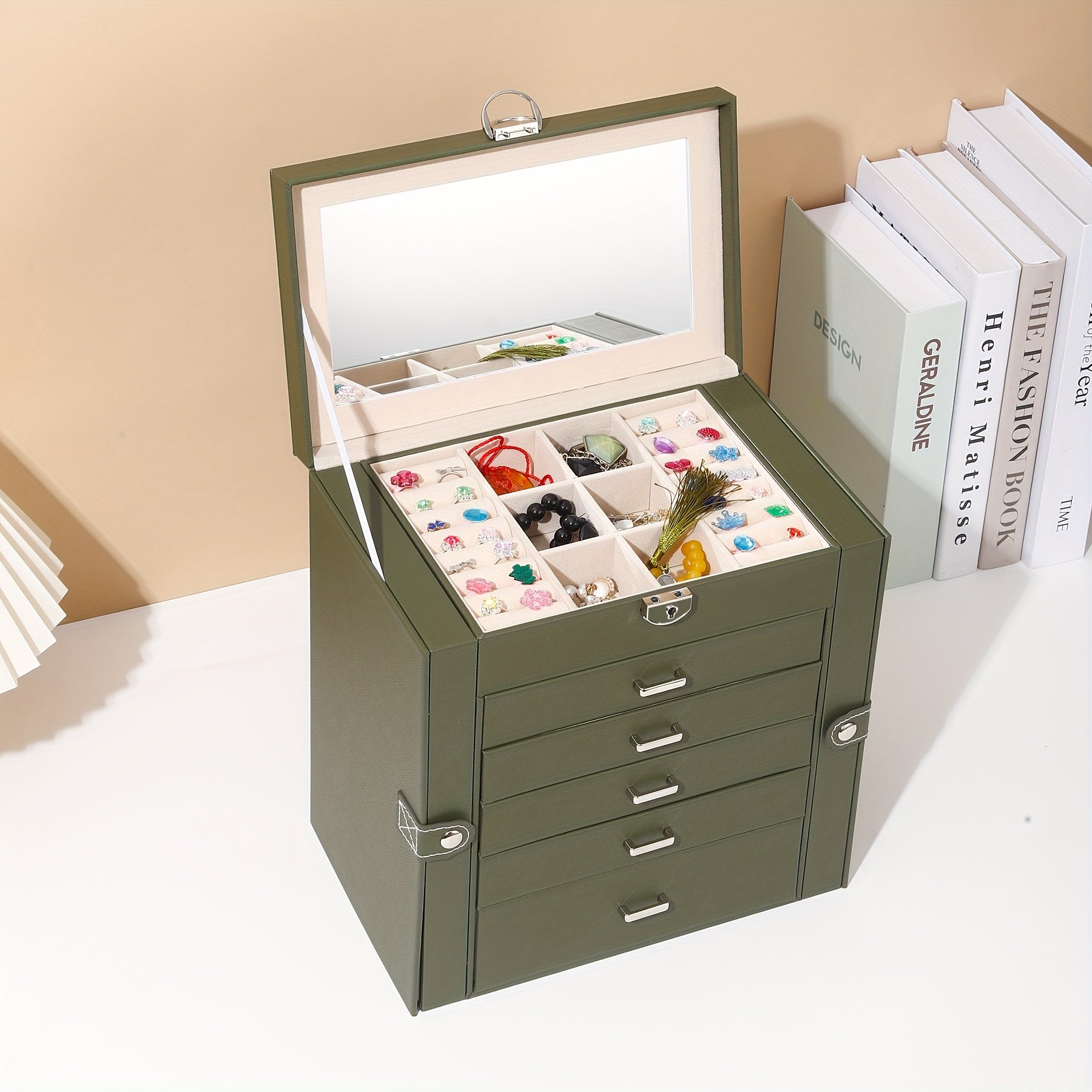 Luxury 6-Layer Faux Leather Jewelry Box with Mirror Lid - Lockable Storage for Watches, Necklaces, Rings & Earrings - Cream Interior, Black Exterior - Perfect Holiday Gift for Thanksgiving, Mother's Day, Graduation, Jewelry Gift Box