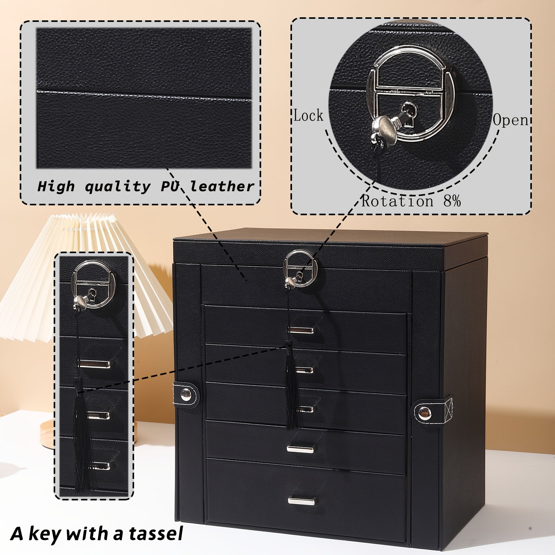 Luxury 6-Layer Faux Leather Jewelry Box with Mirror Lid - Lockable Storage for Watches, Necklaces, Rings & Earrings - Cream Interior, Black Exterior - Perfect Holiday Gift for Thanksgiving, Mother's Day, Graduation, Jewelry Gift Box