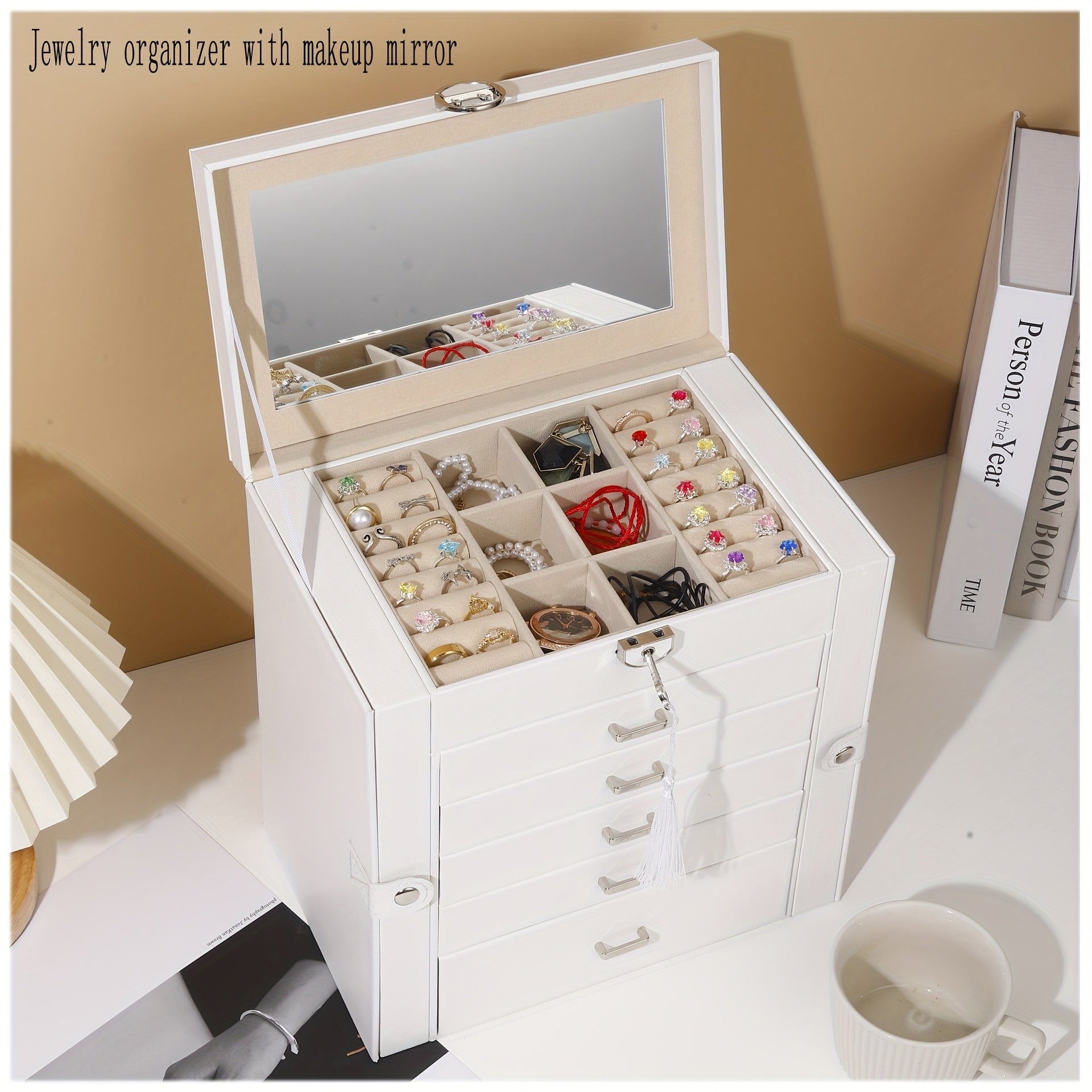 Luxury 6-Layer Faux Leather Jewelry Box with Mirror Lid - Lockable Storage for Watches, Necklaces, Rings & Earrings - Cream Interior, Black Exterior - Perfect Holiday Gift for Thanksgiving, Mother's Day, Graduation, Jewelry Gift Box