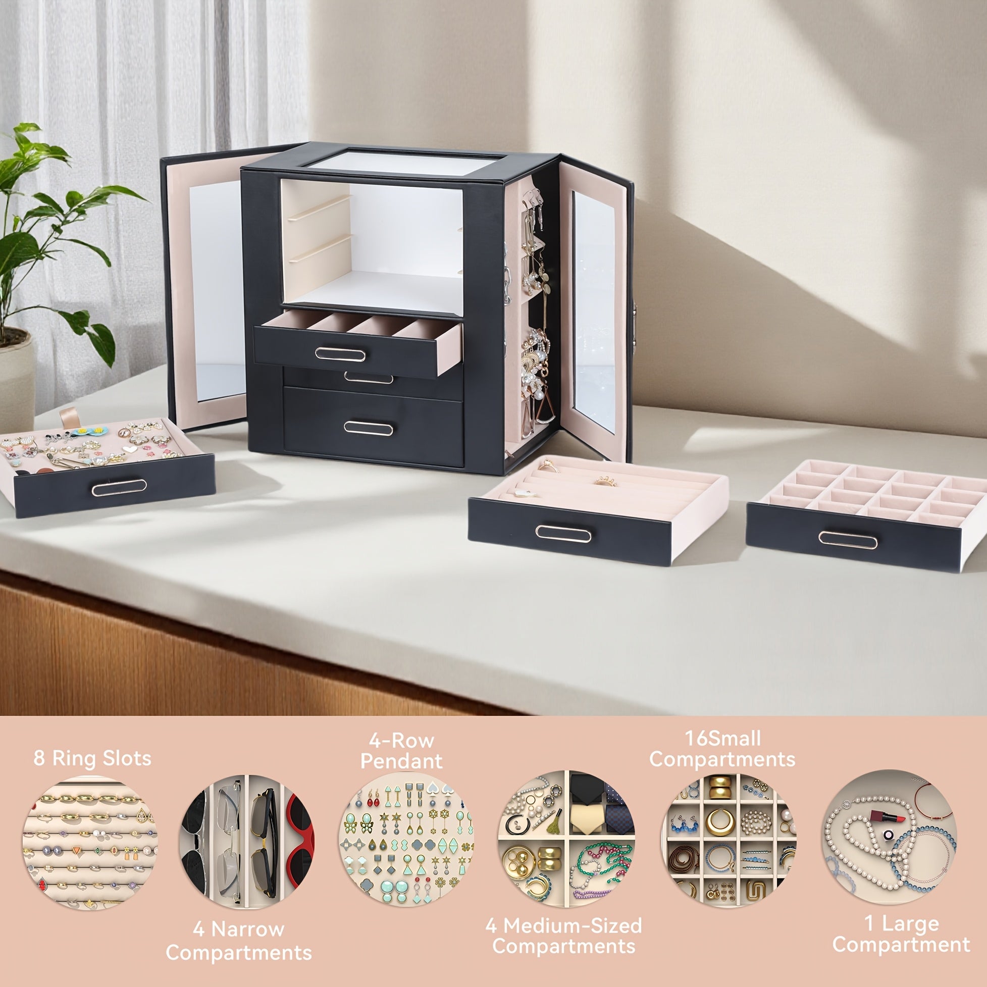 Women'S Jewelry Box - 6-Tier Large Capacity Jewelry Storage Box - Top Transparent Viewing Display Case with 5 Drawers and 2 Side Glass Doors - for Showcasing Jewelry and Organizing - Synthetic Faux Leather Jewelry Storage Box, Jewelry Chests