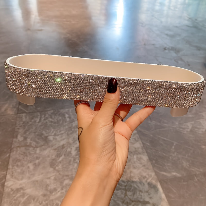 Glam Style Jeweled Oval Tray - Tabletop Plastic Jewelry Box with Glittering Rhinestones, Fabric-Lined, Multipurpose Storage for Perfumes, Skincare, Accessories - No Electricity Needed, Jewelry Boxes
