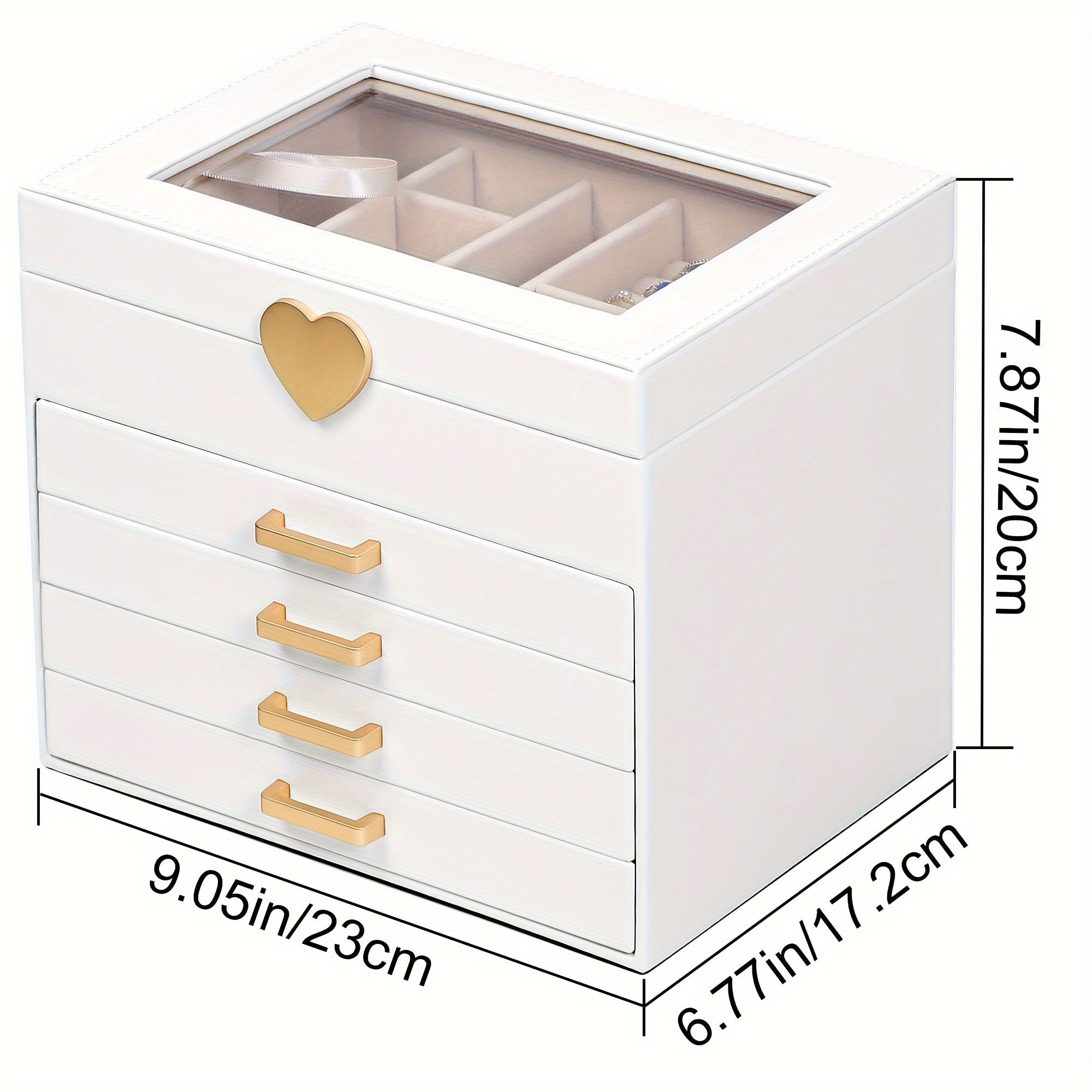 5-Layer Jewelry Organizer Box with Glass Lid & Heart-Shaped PU Leather - White & Golden Contemporary Desktop Storage Case with Soft Lining, Multi-Drawer Organizer for Necklaces, Earrings, Rings, Bracelets - Elegant Gift for s & Women (No Assembly