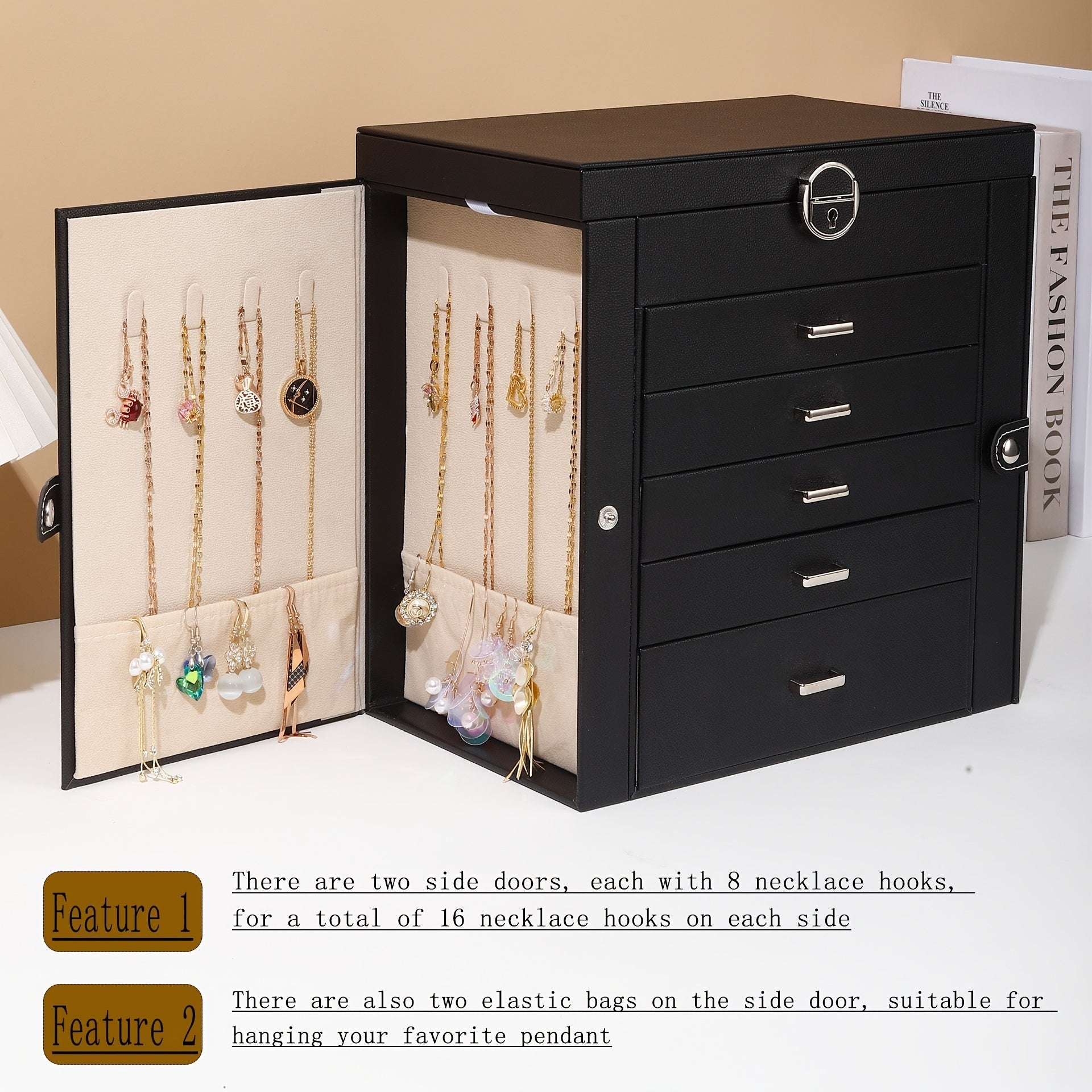 Luxury 6-Layer Faux Leather Jewelry Box with Mirror Lid - Lockable Storage for Watches, Necklaces, Rings & Earrings - Cream Interior, Black Exterior - Perfect Holiday Gift for Thanksgiving, Mother's Day, Graduation, Jewelry Gift Box