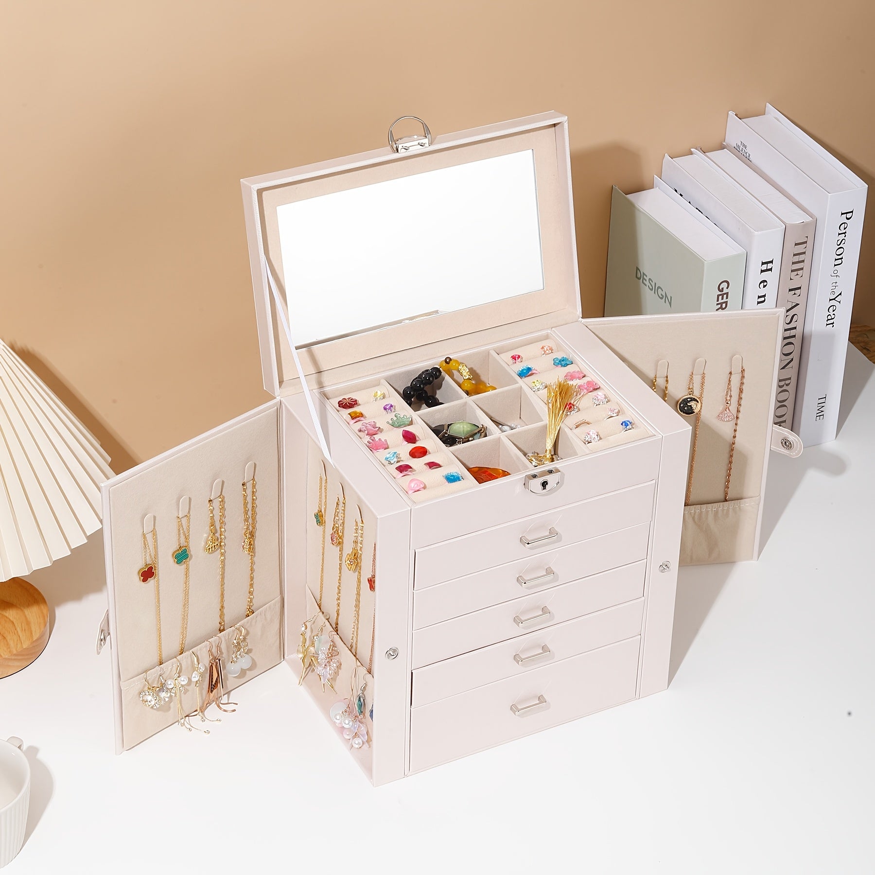 Luxury 6-Layer Faux Leather Jewelry Box with Mirror Lid - Lockable Storage for Watches, Necklaces, Rings & Earrings - Cream Interior, Black Exterior - Perfect Holiday Gift for Thanksgiving, Mother's Day, Graduation, Jewelry Gift Box