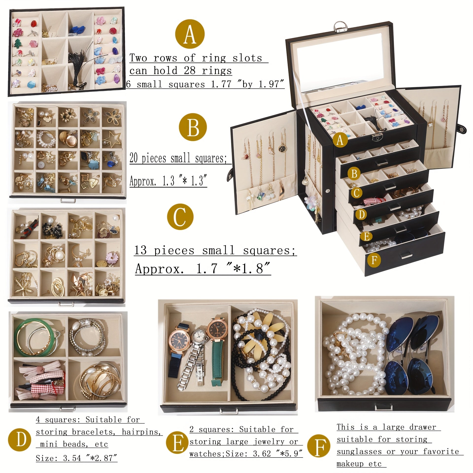 Luxury 6-Layer Faux Leather Jewelry Box with Mirror Lid - Lockable Storage for Watches, Necklaces, Rings & Earrings - Cream Interior, Black Exterior - Perfect Holiday Gift for Thanksgiving, Mother's Day, Graduation, Jewelry Gift Box