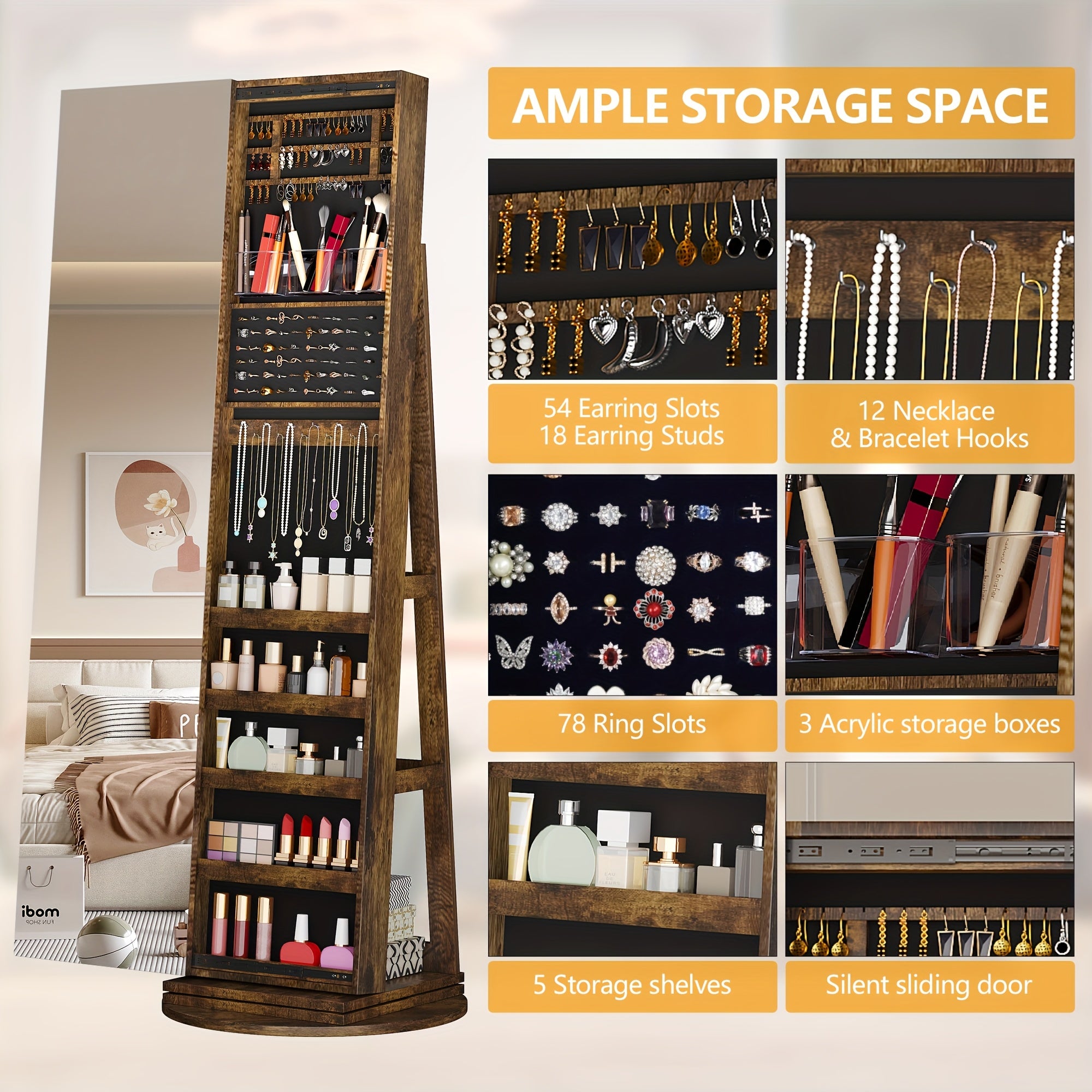 HWB 360° Rotating Jewelry Armoire with Lights, Lockable Mirror Jewelry Cabinet, Standing Full Length Mirror with Jewelry Storage, Large Jewelry Mirror Organizer, Wheels, Foldable Makeup Shelf