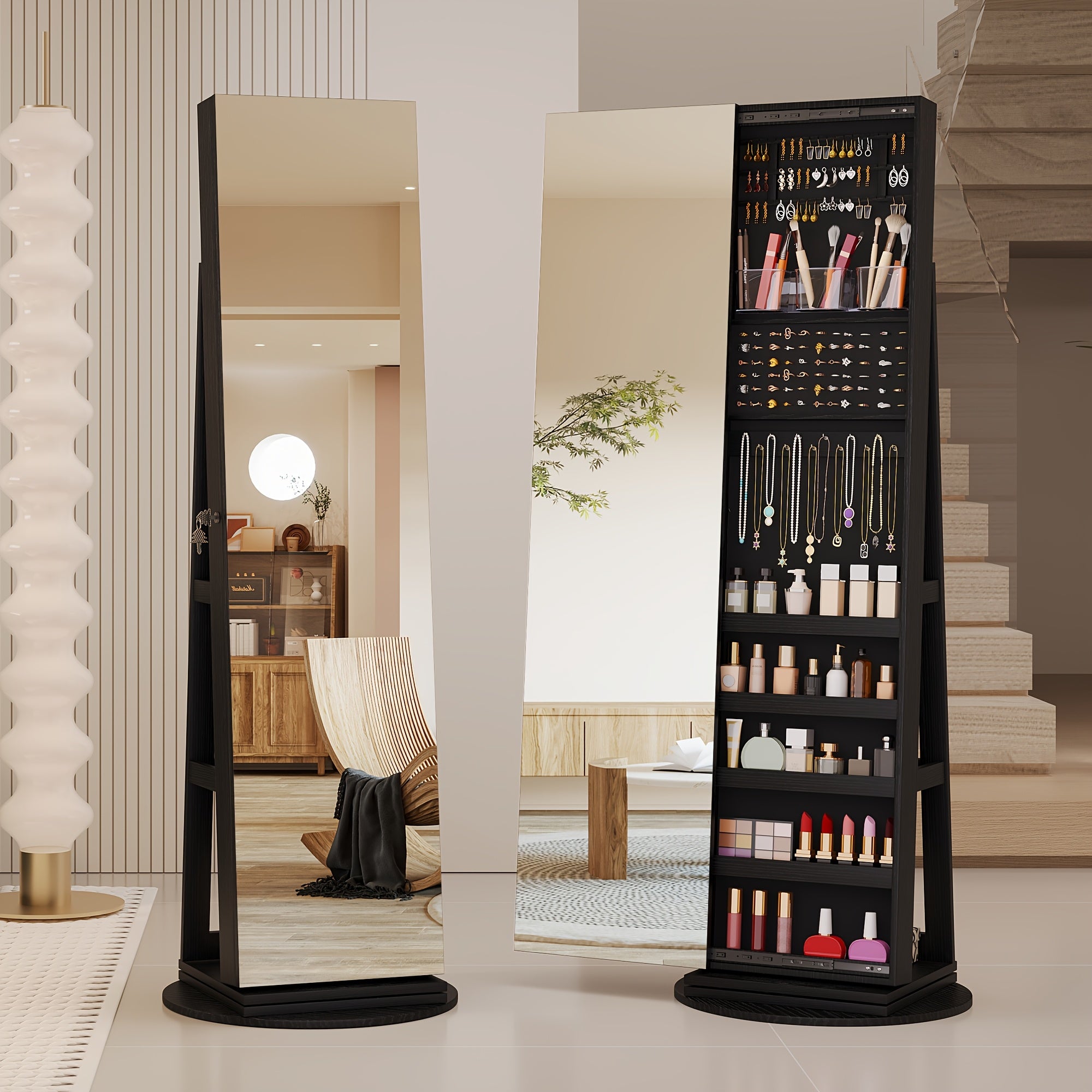 HWB 360° Rotating Jewelry Armoire with Lights, Lockable Mirror Jewelry Cabinet, Standing Full Length Mirror with Jewelry Storage, Large Jewelry Mirror Organizer, Wheels, Foldable Makeup Shelf