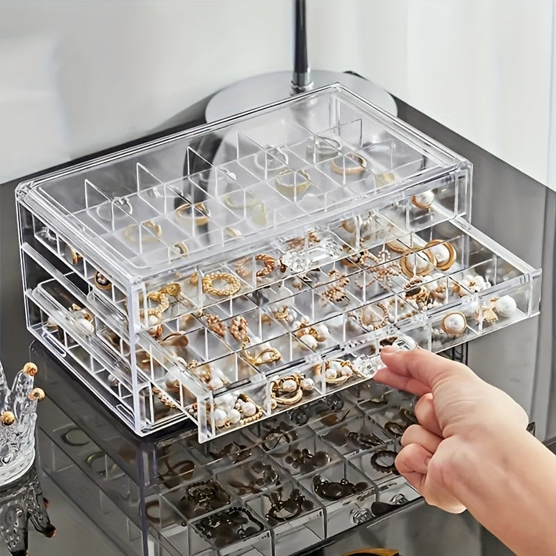 1pc 3-Tier 72-Compartment Jewelry Organizer Box - Large Capacity Drawer Style Storage for Earrings, Necklaces, Bracelets, Crafts, Seeds - Dustproof Desktop Container with Polished Finish, Jewelry Boxe