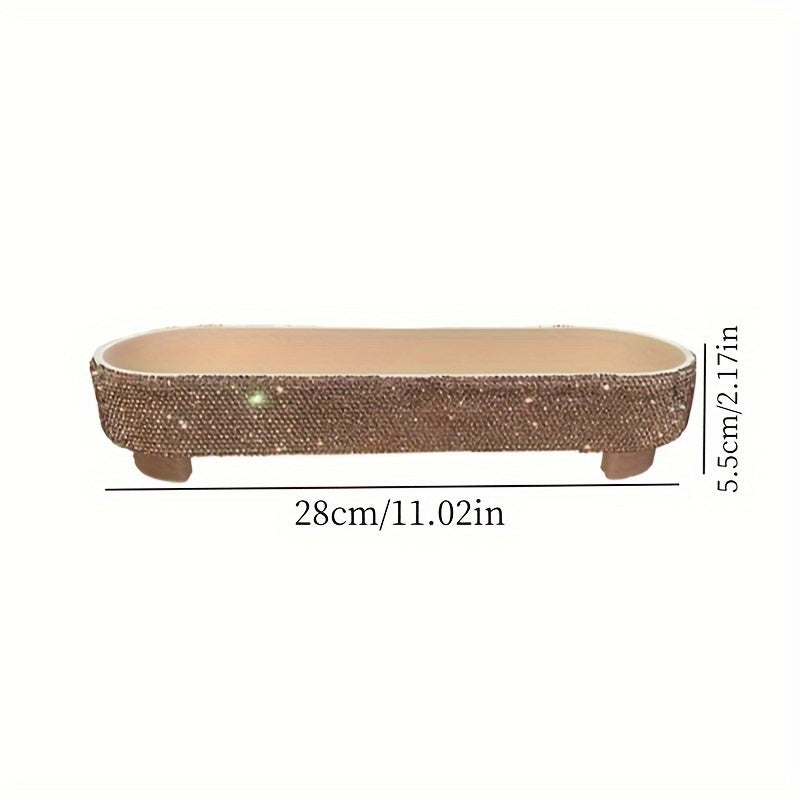 Glam Style Jeweled Oval Tray - Tabletop Plastic Jewelry Box with Glittering Rhinestones, Fabric-Lined, Multipurpose Storage for Perfumes, Skincare, Accessories - No Electricity Needed, Jewelry Boxes