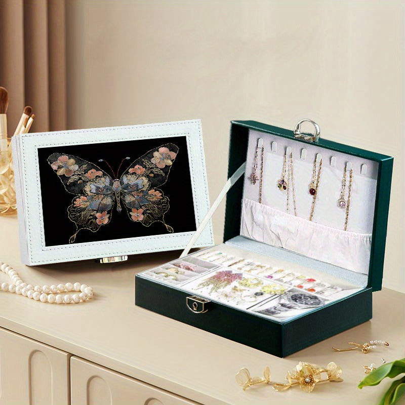 1pc Vintage-Style Embroidered Butterfly Jewelry Organizer Box - Faux Leather, Multi-Compartment Storage for Earrings, Rings, Necklaces - Ideal Gift for Mother'S Day, Valentine's, Christmas, Thanksgiving, Butterfly Jewelry, Jewelry Boxes