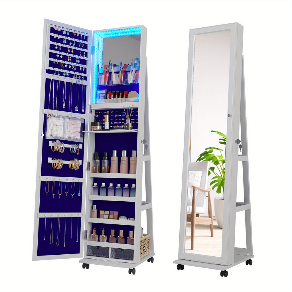HWB 360° Rotating Jewelry Armoire with Lights, Lockable Mirror Jewelry Cabinet, Standing Full Length Mirror with Jewelry Storage, Large Jewelry Mirror Organizer, Wheels, Foldable Makeup Shelf