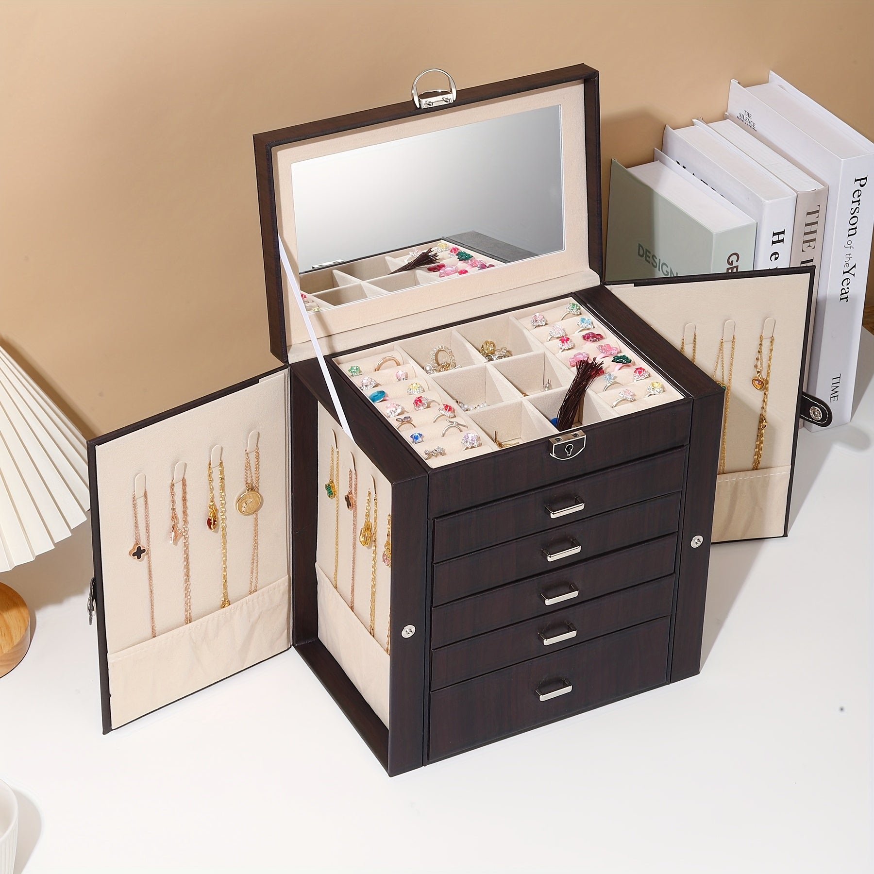 Luxury 6-Layer Faux Leather Jewelry Box with Mirror Lid - Lockable Storage for Watches, Necklaces, Rings & Earrings - Cream Interior, Black Exterior - Perfect Holiday Gift for Thanksgiving, Mother's Day, Graduation, Jewelry Gift Box