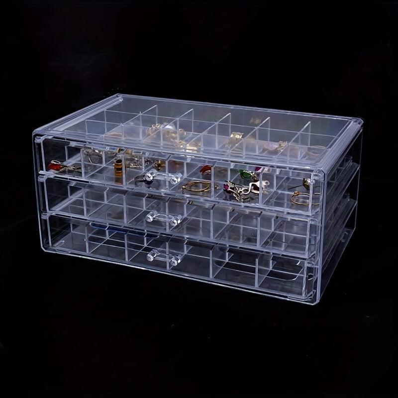 1pc 3-Tier 72-Compartment Jewelry Organizer Box - Large Capacity Drawer Style Storage for Earrings, Necklaces, Bracelets, Crafts, Seeds - Dustproof Desktop Container with Polished Finish, Jewelry Boxe