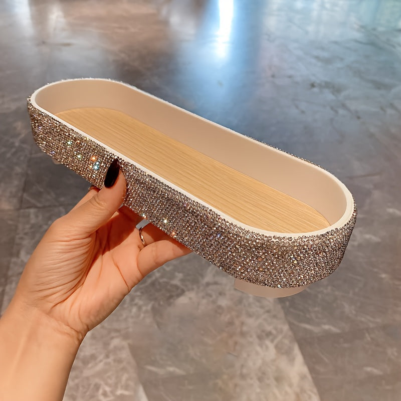 Glam Style Jeweled Oval Tray - Tabletop Plastic Jewelry Box with Glittering Rhinestones, Fabric-Lined, Multipurpose Storage for Perfumes, Skincare, Accessories - No Electricity Needed, Jewelry Boxes