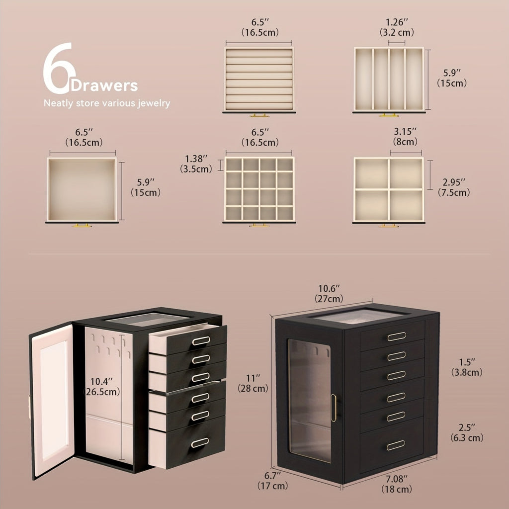 Women'S Jewelry Box - 6-Tier Large Capacity Jewelry Storage Box - Top Transparent Viewing Display Case with 5 Drawers and 2 Side Glass Doors - for Showcasing Jewelry and Organizing - Synthetic Faux Leather Jewelry Storage Box, Jewelry Chests