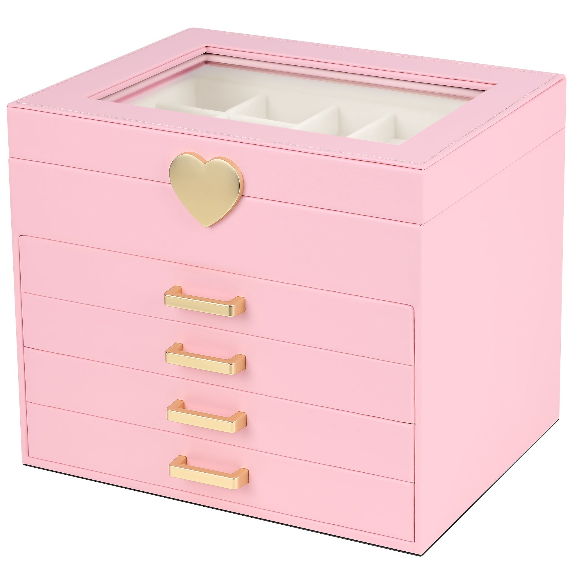 5-Layer Jewelry Organizer Box with Glass Lid & Heart-Shaped PU Leather - White & Golden Contemporary Desktop Storage Case with Soft Lining, Multi-Drawer Organizer for Necklaces, Earrings, Rings, Bracelets - Elegant Gift for s & Women (No Assembly