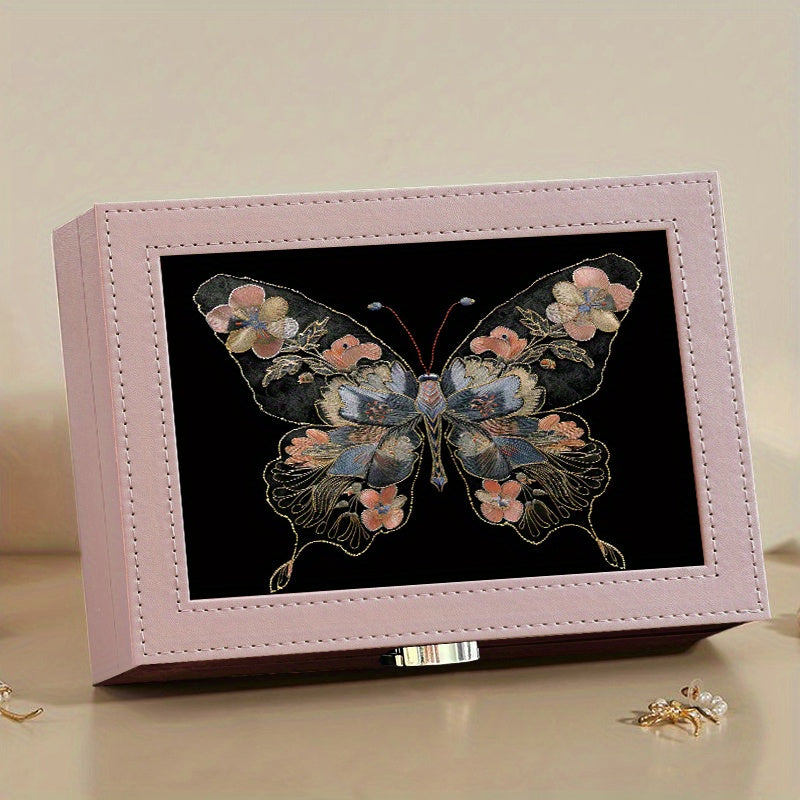 1pc Vintage-Style Embroidered Butterfly Jewelry Organizer Box - Faux Leather, Multi-Compartment Storage for Earrings, Rings, Necklaces - Ideal Gift for Mother'S Day, Valentine's, Christmas, Thanksgiving, Butterfly Jewelry, Jewelry Boxes