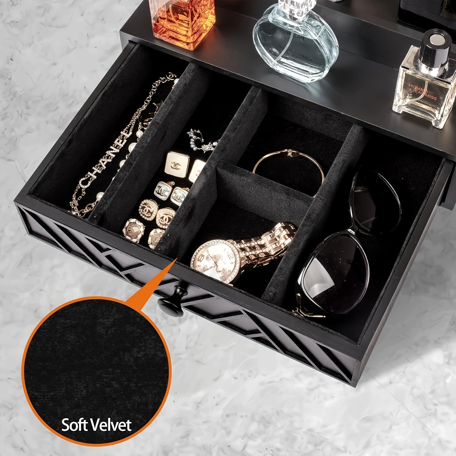 IDUK 5-Tier Solid Wood Cologne Storage Rack with Hidden Drawers & Soft Velvet-Lined Interior - Black Modern Vanity Organizer with Decorative Patterns, Multi-Purpose Display Stand for Perfume, Skincare, Jewelry & Accessories - Space-Saving Bathroom &