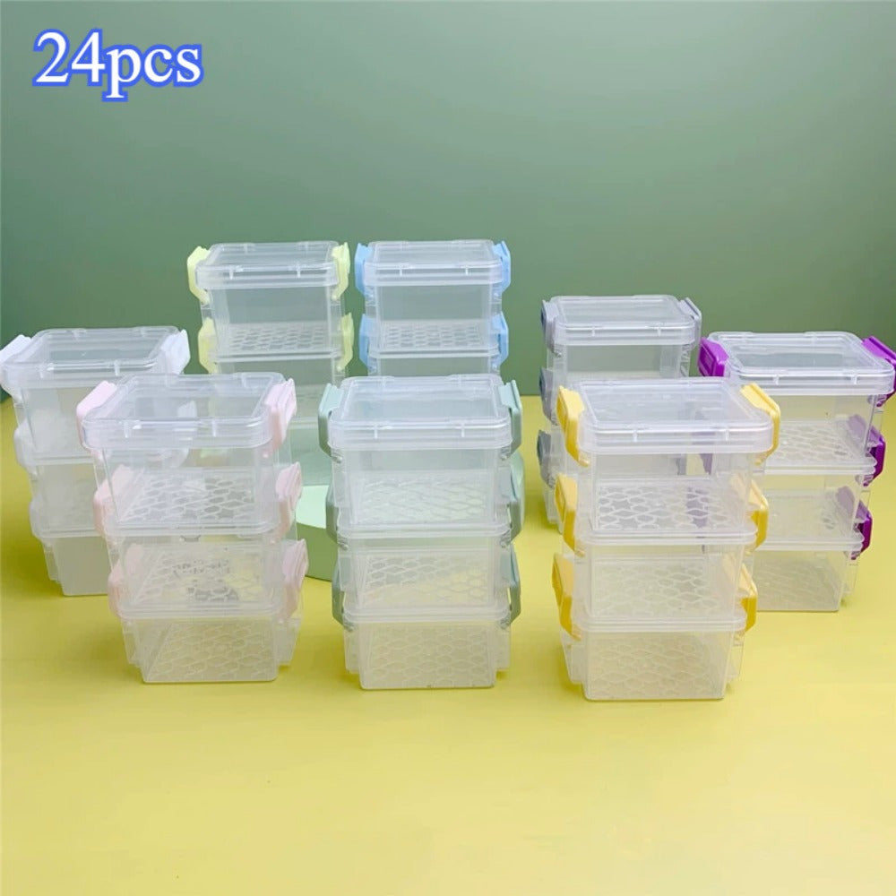 24pcs Mini Plastic Storage Containers and Boxes in Blue/Yellow/Light Yellow/White/Green/Light Purple/Pink/Gray, Stackable Bead Storage Boxes with Lids, Transparent Plastic Small Storage Boxes, Suitable for Small Crafts, Jewelry and Bead