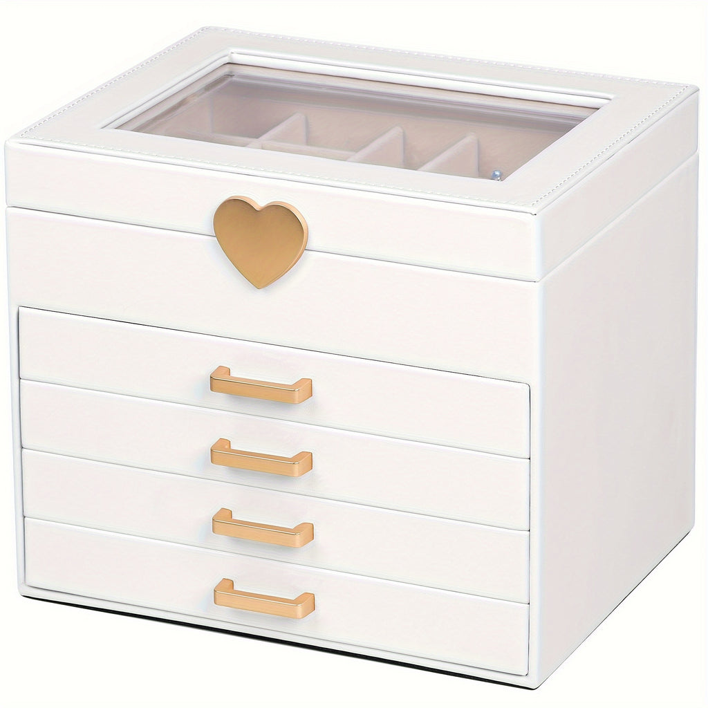 5-Layer Jewelry Organizer Box with Glass Lid & Heart-Shaped PU Leather - White & Golden Contemporary Desktop Storage Case with Soft Lining, Multi-Drawer Organizer for Necklaces, Earrings, Rings, Bracelets - Elegant Gift for s & Women (No Assembly