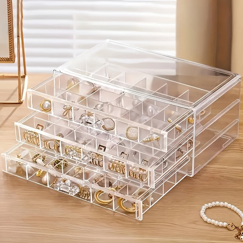 1pc 3-Tier 72-Compartment Jewelry Organizer Box - Large Capacity Drawer Style Storage for Earrings, Necklaces, Bracelets, Crafts, Seeds - Dustproof Desktop Container with Polished Finish, Jewelry Boxe
