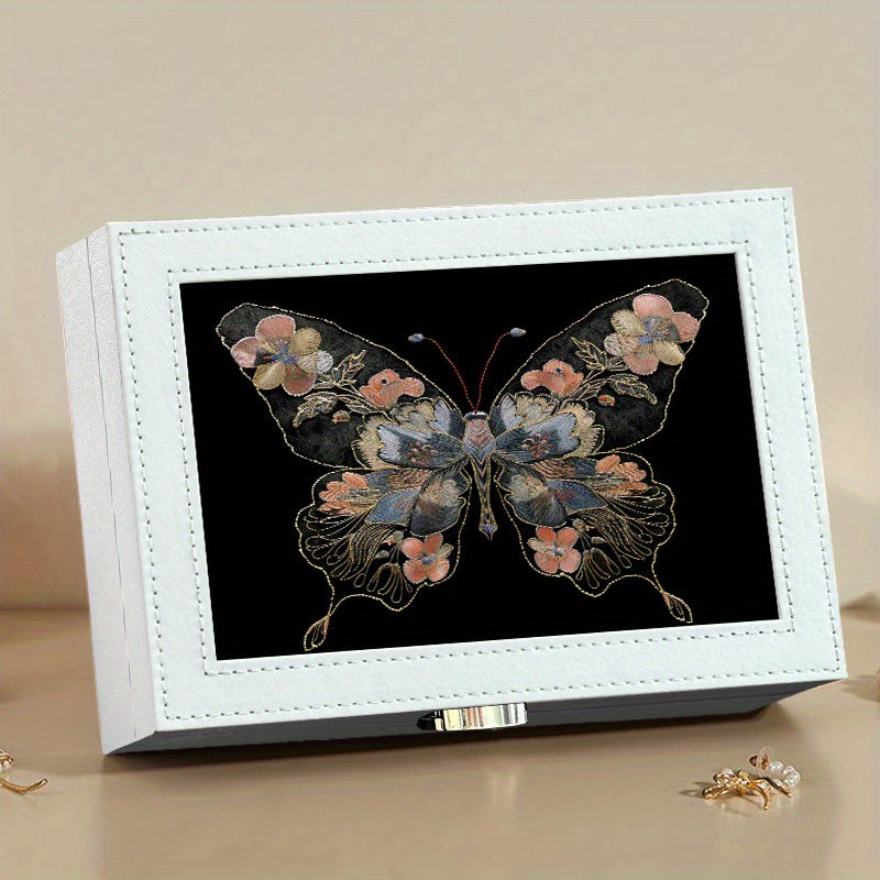 1pc Vintage-Style Embroidered Butterfly Jewelry Organizer Box - Faux Leather, Multi-Compartment Storage for Earrings, Rings, Necklaces - Ideal Gift for Mother'S Day, Valentine's, Christmas, Thanksgiving, Butterfly Jewelry, Jewelry Boxes