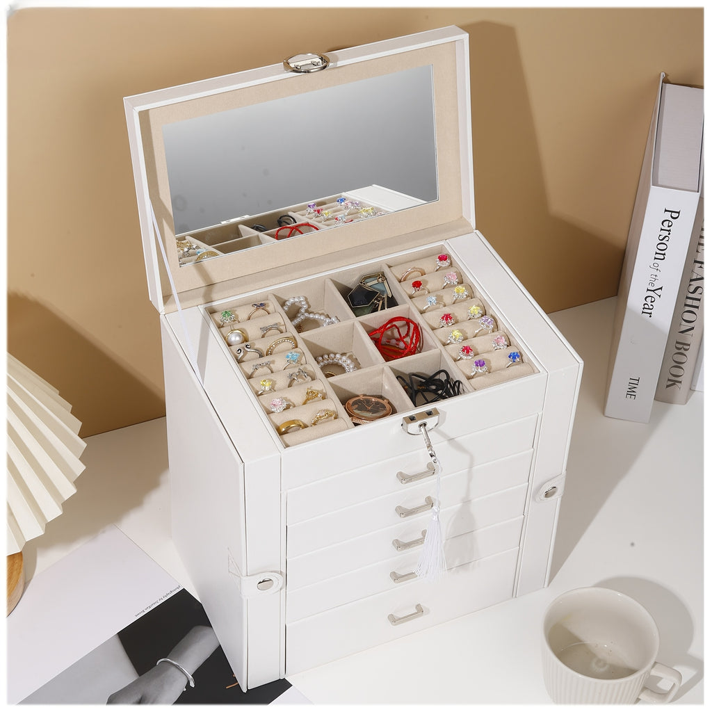 Luxury 6-Layer Faux Leather Jewelry Box with Mirror Lid - Lockable Storage for Watches, Necklaces, Rings & Earrings - Cream Interior, Black Exterior - Perfect Holiday Gift for Thanksgiving, Mother's Day, Graduation, Jewelry Gift Box