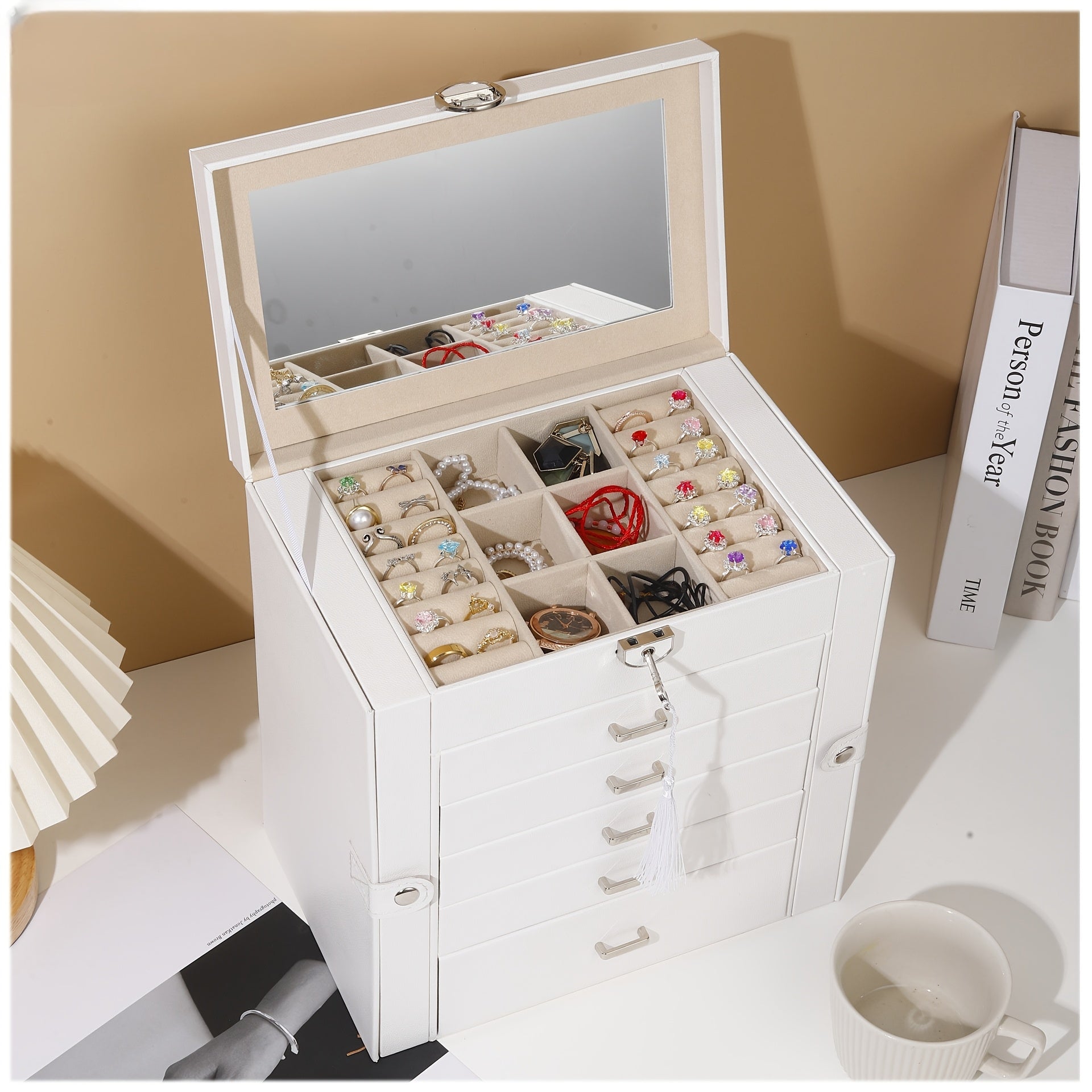 Luxury 6-Layer Faux Leather Jewelry Box with Mirror Lid - Lockable Storage for Watches, Necklaces, Rings & Earrings - Cream Interior, Black Exterior - Perfect Holiday Gift for Thanksgiving, Mother's Day, Graduation, Jewelry Gift Box