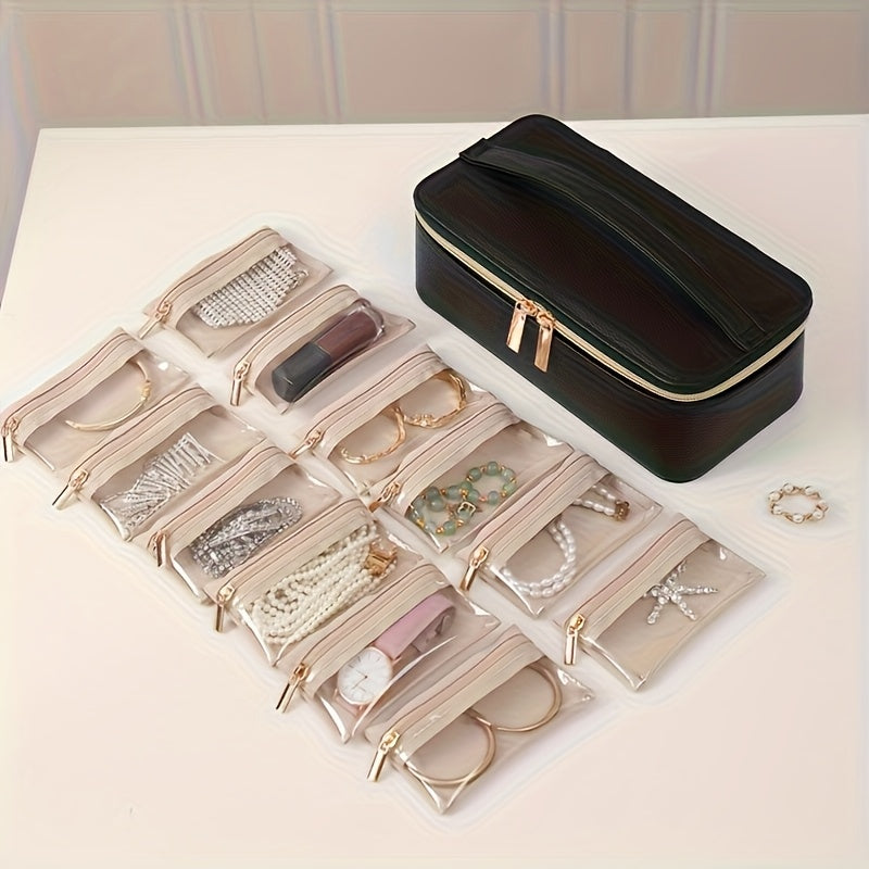 Elegant Black Faux Leather Jewelry Organizer with Zipper Closure - Large, Multi-Compartment Design for Necklaces, Earrings, Bracelets, Rings - Perfect Gift for Women, Travel, Home, or Dorm Use - Ideal for Christmas, Valentine'S Day, Mother'S Day,