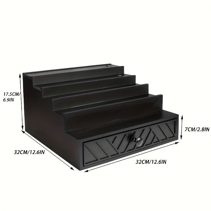 IDUK 5-Tier Solid Wood Cologne Storage Rack with Hidden Drawers & Soft Velvet-Lined Interior - Black Modern Vanity Organizer with Decorative Patterns, Multi-Purpose Display Stand for Perfume, Skincare, Jewelry & Accessories - Space-Saving Bathroom &