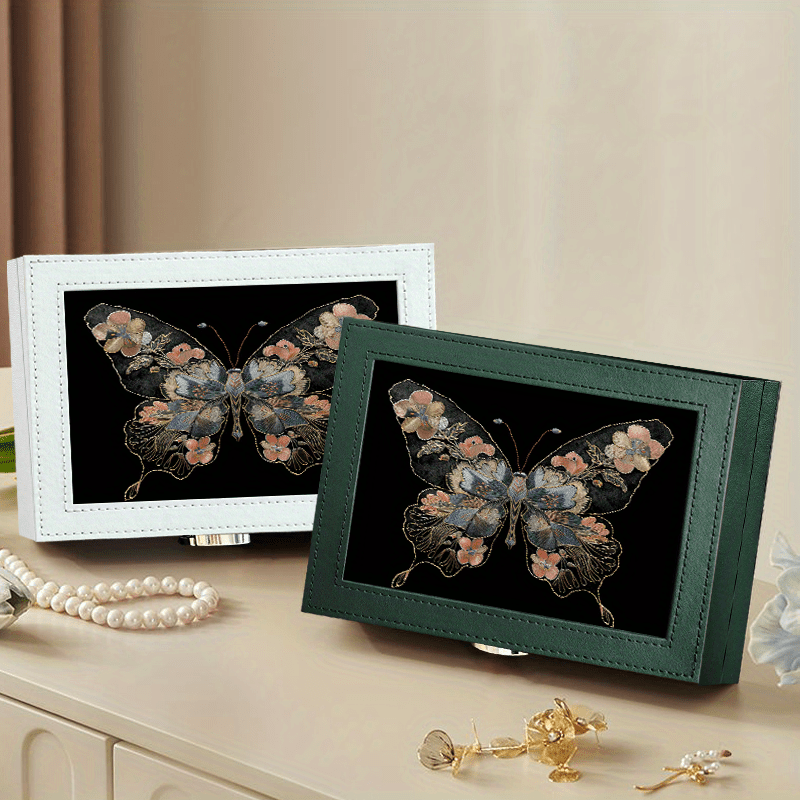 1pc Vintage-Style Embroidered Butterfly Jewelry Organizer Box - Faux Leather, Multi-Compartment Storage for Earrings, Rings, Necklaces - Ideal Gift for Mother'S Day, Valentine's, Christmas, Thanksgiving, Butterfly Jewelry, Jewelry Boxes
